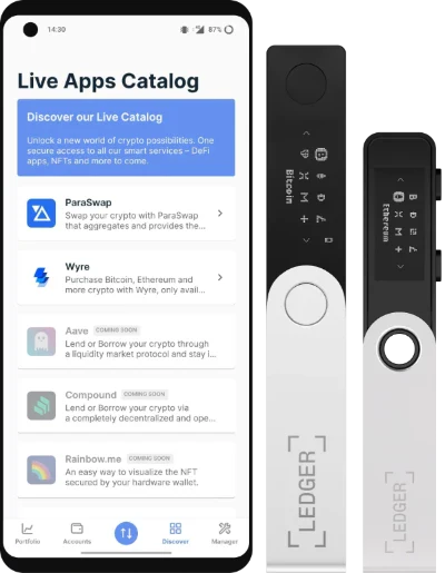 the Ledger Live Apps catalog on a mobile device and the Nano S Plus